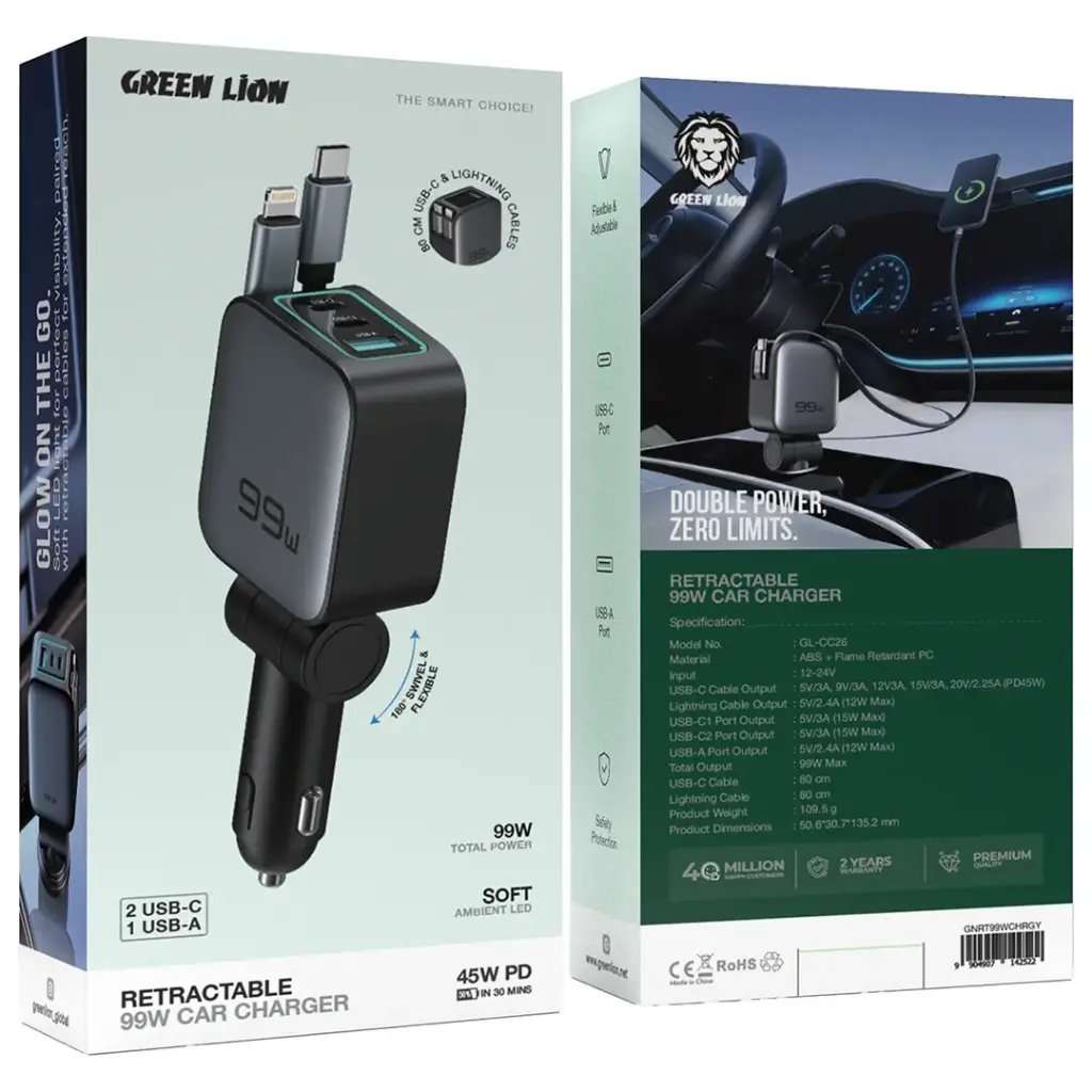 Green Lion Retractable 99W Car Charger PD 45W - Linkphones Center